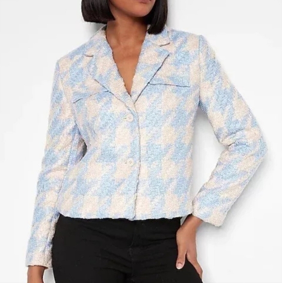 Express Light Blue and Cream Houndstooth Tweed Women's Cropped BlazerJacket - Picture 1 of 9